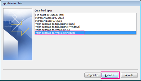 Scegliere di esportare in un file CSV (Windows)