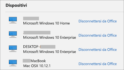 Mostra i dispositivi Windows e Mac e il collegamento Esegui disconnessione da Office su account.Microsoft.com