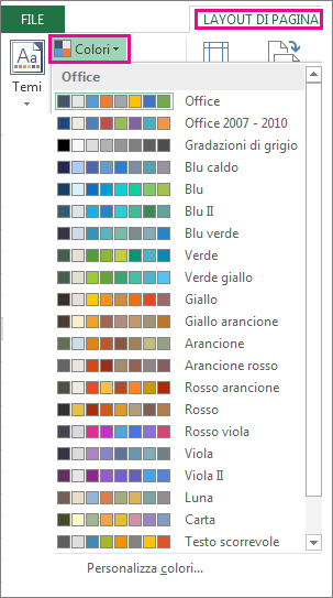 Raccolta Colori tema aperta tramite il pulsante Colori nella scheda Layout di pagina