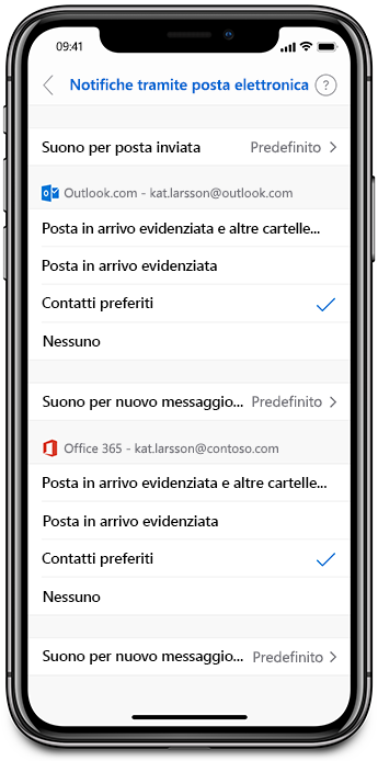 Pagina Impostazioni di notifica di posta elettronica con la possibilità di assegnare un suono a utenti specifici per l'invio e ricezione di messaggi di posta elettronica