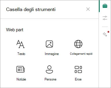 Screenshot che mostra la casella degli strumenti e alcune web part disponibili.