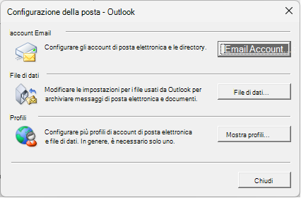 Finestra di dialogo Impostazioni di posta - Outlook accessibile tramite impostazioni di Posta in Pannello di controllo.