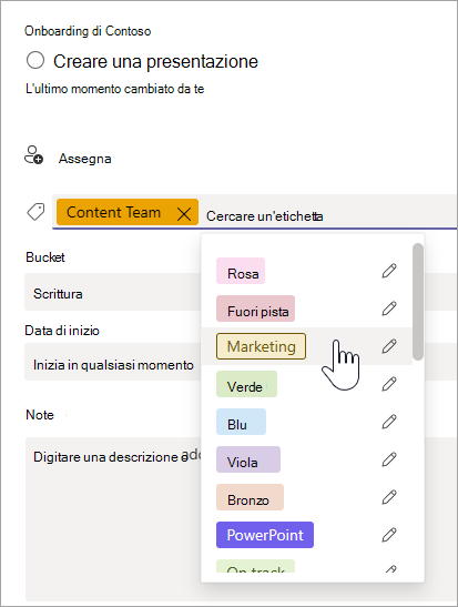 Selezione di un'etichetta nei dettagli dell'attività in Planner