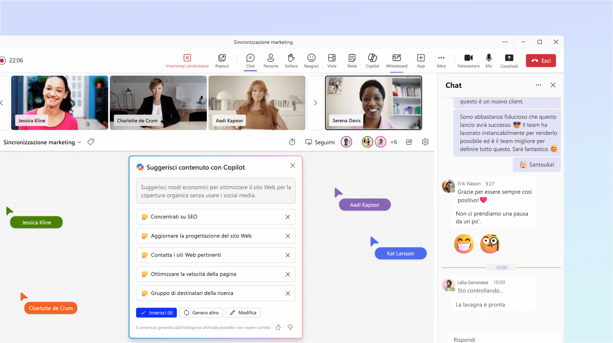 Lo screenshot mostra Copilot in Whiteboard che suggerisce gli argomenti della riunione.