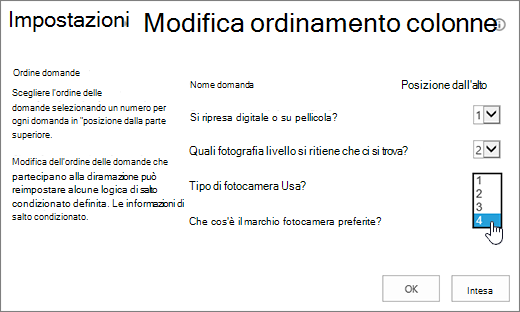 Finestra di dialogo Modifica ordine domande con l'elenco a discesa di una domanda evidenziato