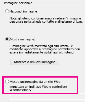 Schermata della sezione della finestra delle opzioni per l'immagine personale di Lync con l'opzione Mostra l'immagine da un indirizzo Web evidenziata