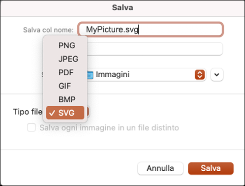 Salva come finestra di dialogo in PowerPoint 2021 per Mac con l'opzione SVG selezionata