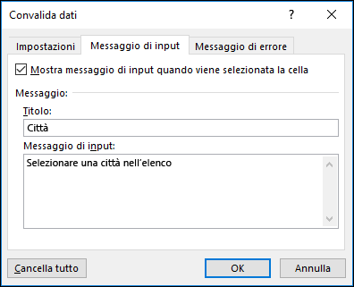 Opzione dei messaggi di input per la convalida dati