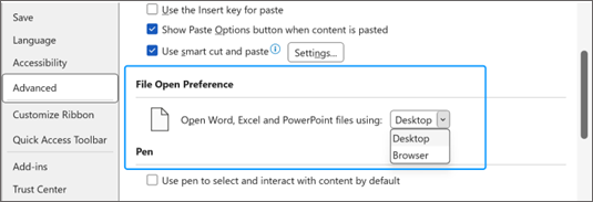 Immagine che mostra l'opzione per selezionare Desktop o Browswer dal menu a discesa come preferenza di apertura del file.