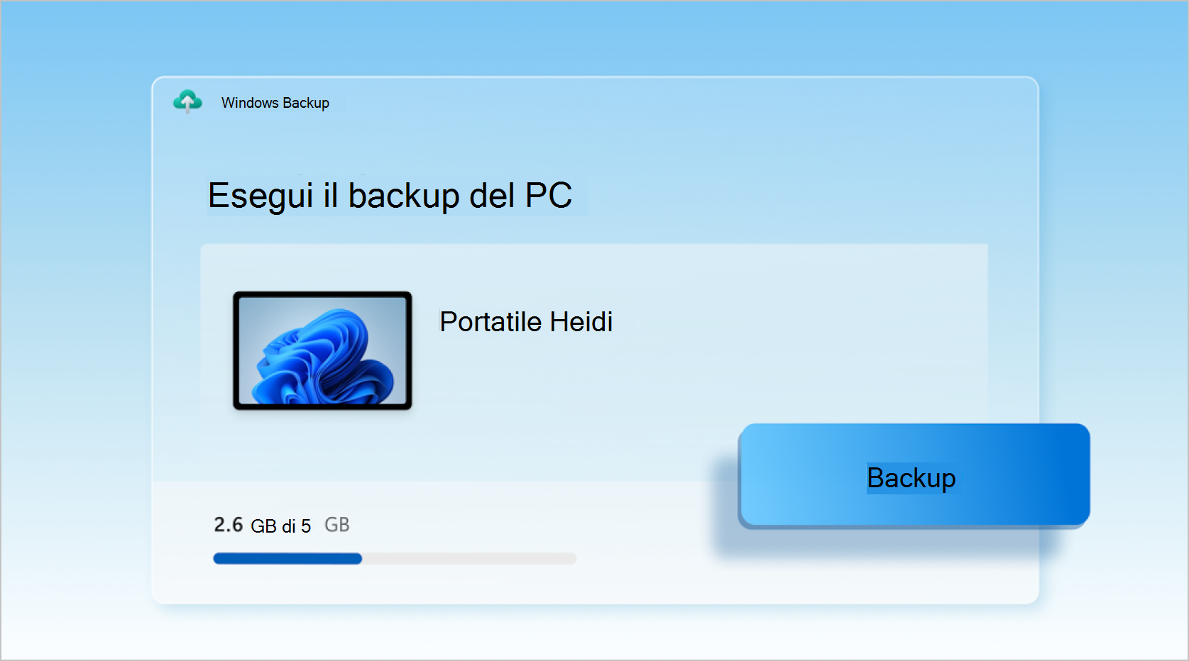 Screenshot di Windows Backup usato per eseguire il backup di un portatile.