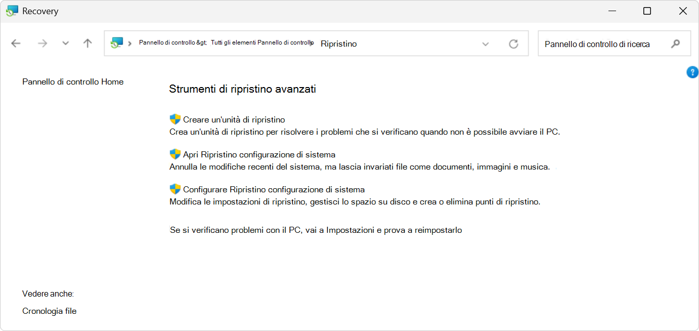 Screenshot delle opzioni di ripristino nella Pannello di controllo.