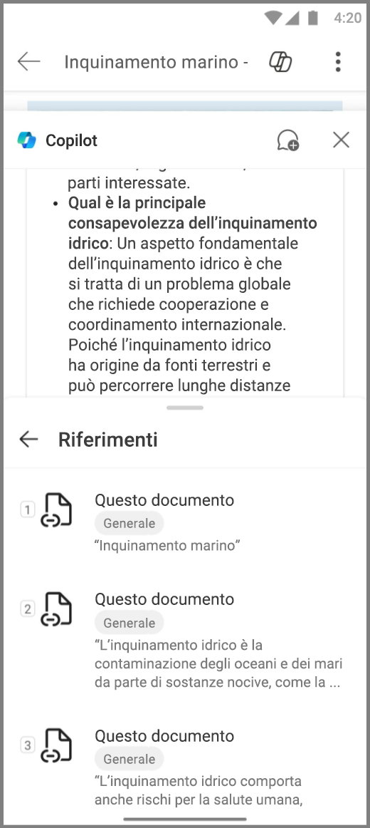 Screenshot di Copilot in Word nel dispositivo Android con riferimenti per la risposta di Copilot