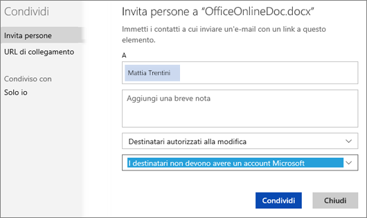 Screenshot della finestra di dialogo Condividi con l'opzione "I destinatari devono accedere con un account Microsoft"