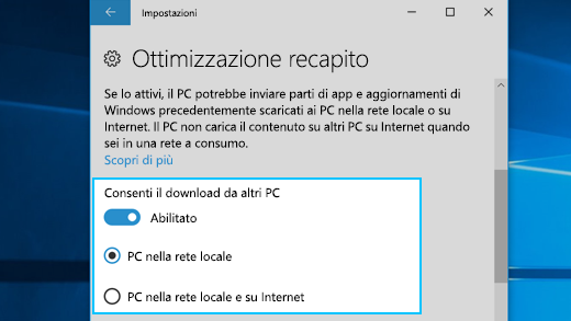 Impostazioni per Ottimizzazione recapito in Windows 10
