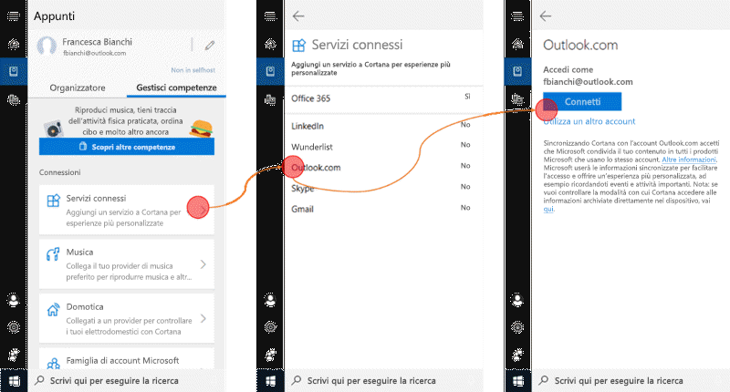 Screenshot con Cortana aperto in Windows 10 e nel menu servizi connessi aperto.