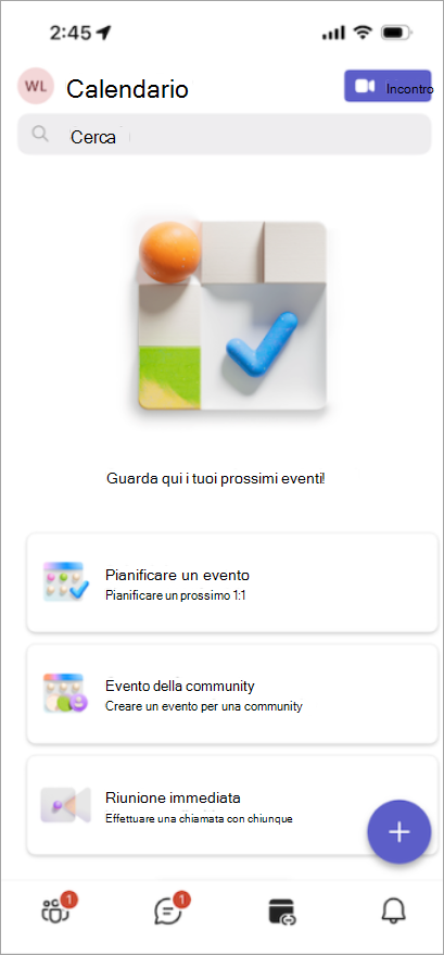 Con la nuova scheda Calendario è possibile organizzare riunioni, eventi della community e altro ancora.