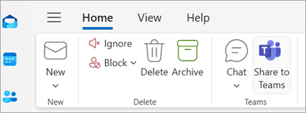 Screenshot che mostra Condividi in Teams sulla barra multifunzione di Outlook