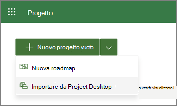 Screenshot del menu Nuovo in Project con l'opzione Importa da Project desktop