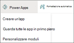 Immagine del menu Power Apps con l'opzione Crea un'app selezionata