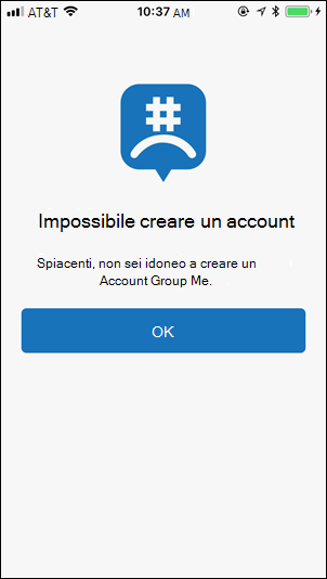 Schermata Non è possibile creare un account (compleanno) in GroupMe