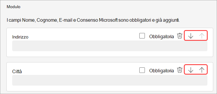 Screenshot che evidenzia come riordinare le domande di registrazione per un webinar.