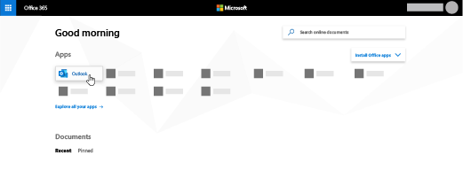 La home page di Office 365 con l'app Outlook evidenziata