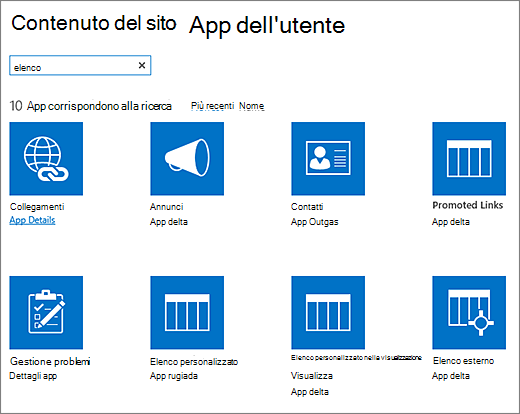 App elenco nella pagina Contenuto del sito