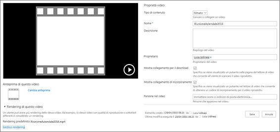 Pagina delle proprietà del video