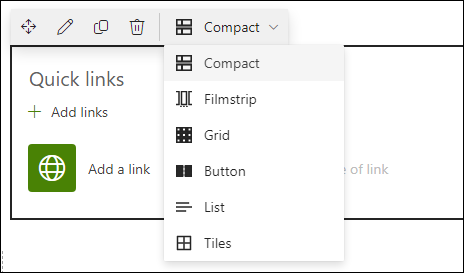 Accesso alle opzioni di layout Collegamenti rapidi dalla barra degli strumenti della web part.