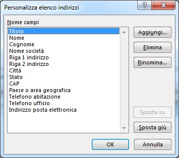 Finestra di dialogo Personalizza elenco indirizzi