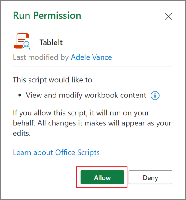 Finestra di dialogo Applica autorizzazione per uno script di Office in Excel