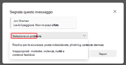 Screenshot che mostra la casella popup con le opzioni per il tipo di messaggio da segnalare.