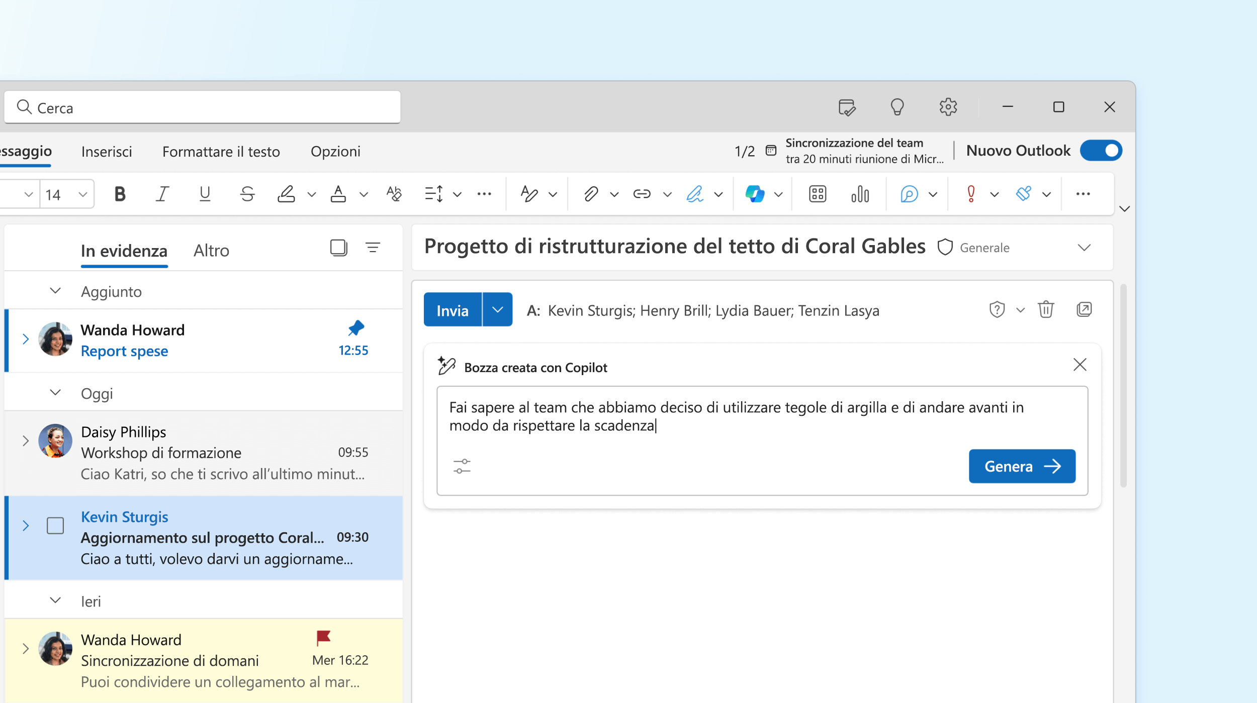 Screenshot che mostra Copilot in Outlook che scrive la bozza di un messaggio di posta elettronica.