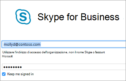 Screenshot della schermata di accesso a Skype for Business.