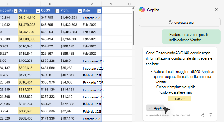 Screenshot che illustra come evidenziare i valori usando Copilot in Excel.