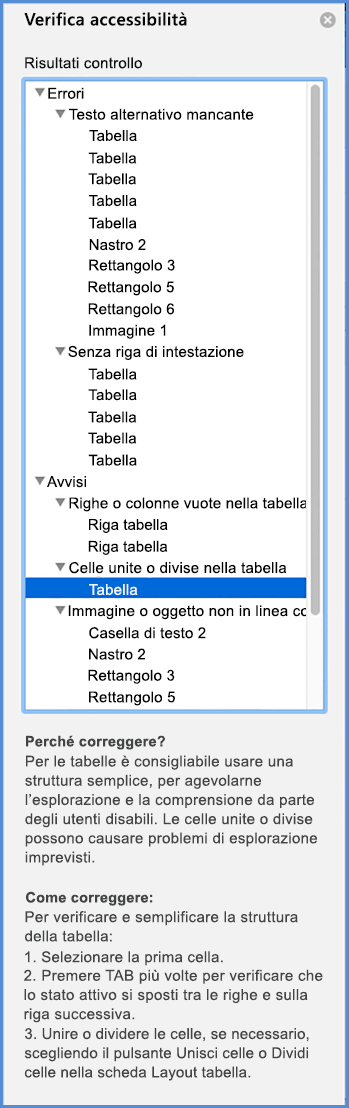 Screenshot del menu Verifica accessibilità