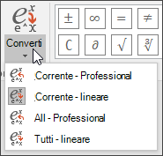 Immagine del menu Converti che mostra le opzioni di formattazione per la conversione dell'equazione.