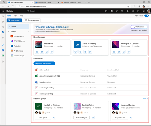 Screenshot della home page di Gruppi in Outlook