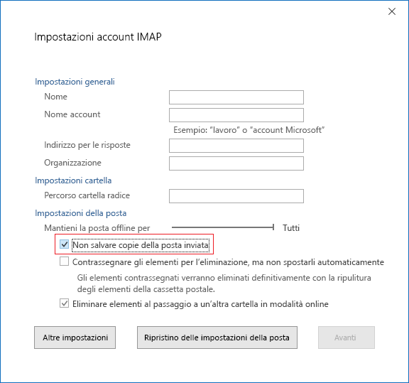 Impostazioni account IMAP: Non salvare copie della posta inviata