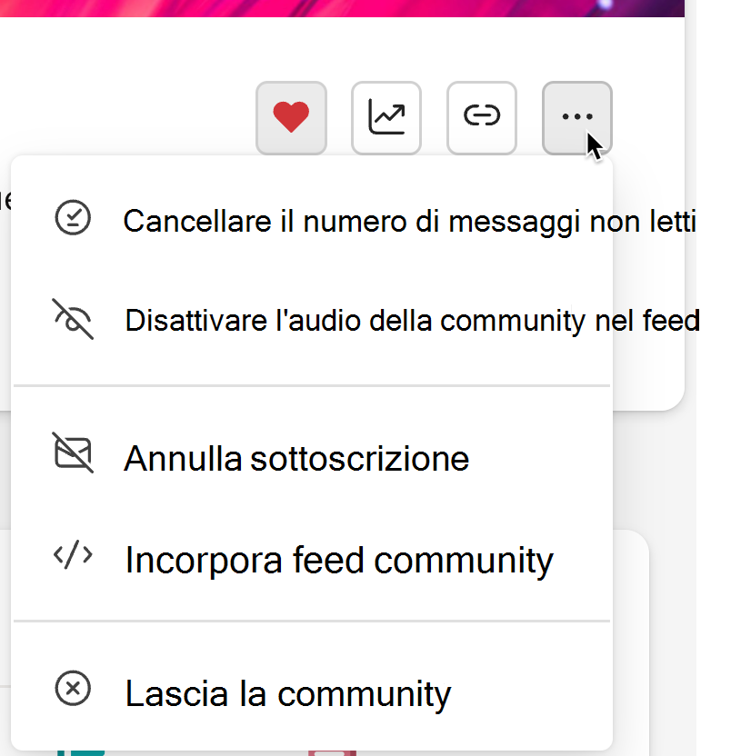 Lo screenshot mostra l'opzione Disattiva audio nel menu dei puntini di sospensione nella pagina della community.