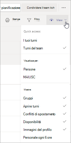 Personalizzare la visualizzazione pianificazione in Turni usando le opzioni del menu Visualizza.