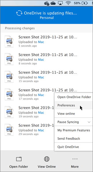 Screenshot dell'impostazione delle preferenze di OneDrive - Personale