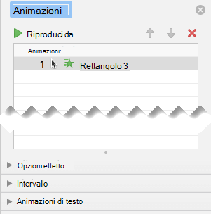 Il riquadro Animazione include opzioni per gli effetti, le opzioni di intervallo e le opzioni per gli effetti di testo