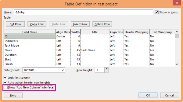 Table Definition dialog box