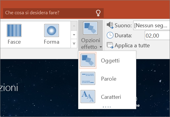 Opzioni degli effetti per la transizione Morphing in PowerPoint 2016