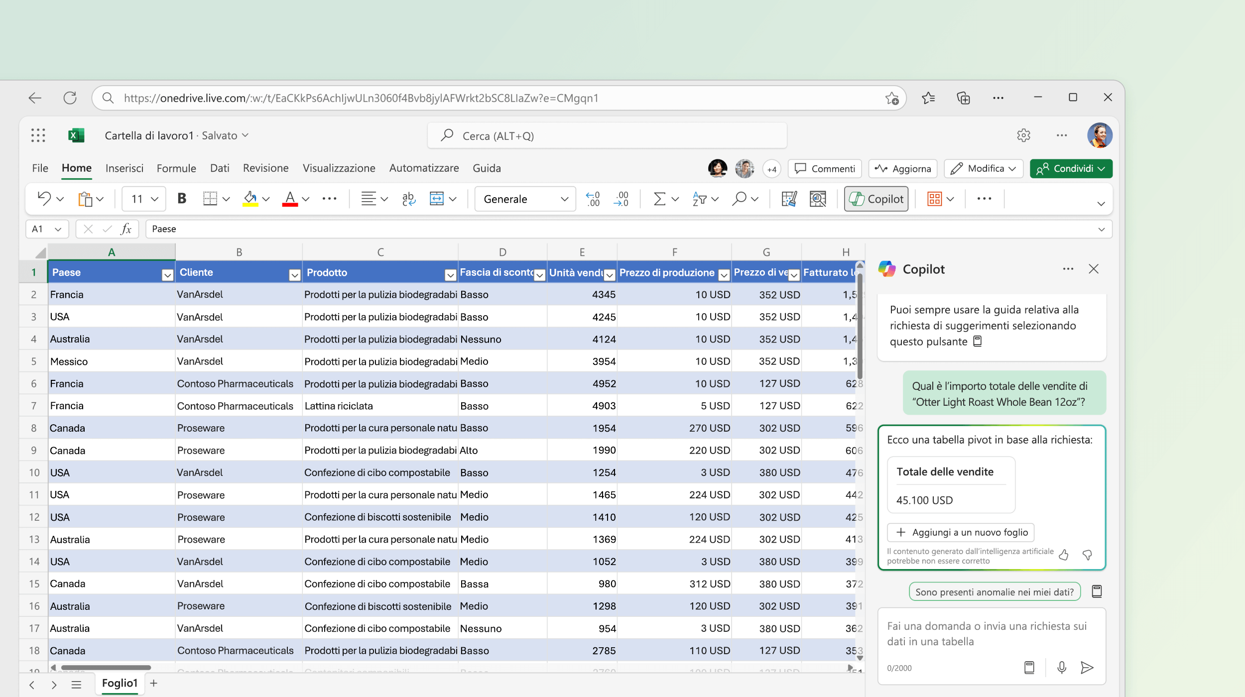 Screenshot che mostra Copilot in Excel che suggerisce una tabella pivot basata sui dati esistenti.