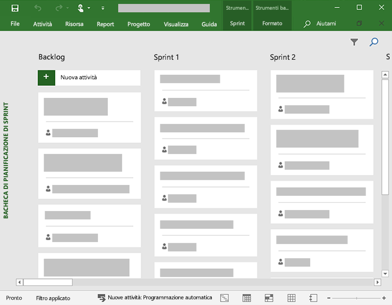 Screenshot di una bacheca delle attività in Microsoft Project che mostra 3 colonne.