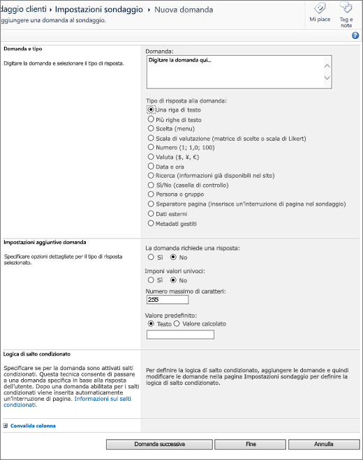 Pagina Nuova domanda di SharePoint 2010