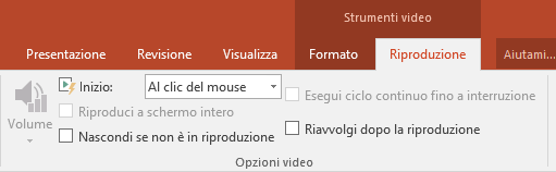 La scheda Riproduzione sulla barra multifunzione di PowerPoint contiene le opzioni per scegliere il modo in cui riprodurre un video.
