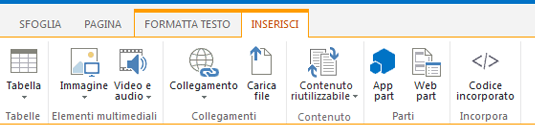 Schermata della scheda Inserisci che contiene i pulsanti per inserire tabelle, video, grafica e collegamenti nelle pagine del sito